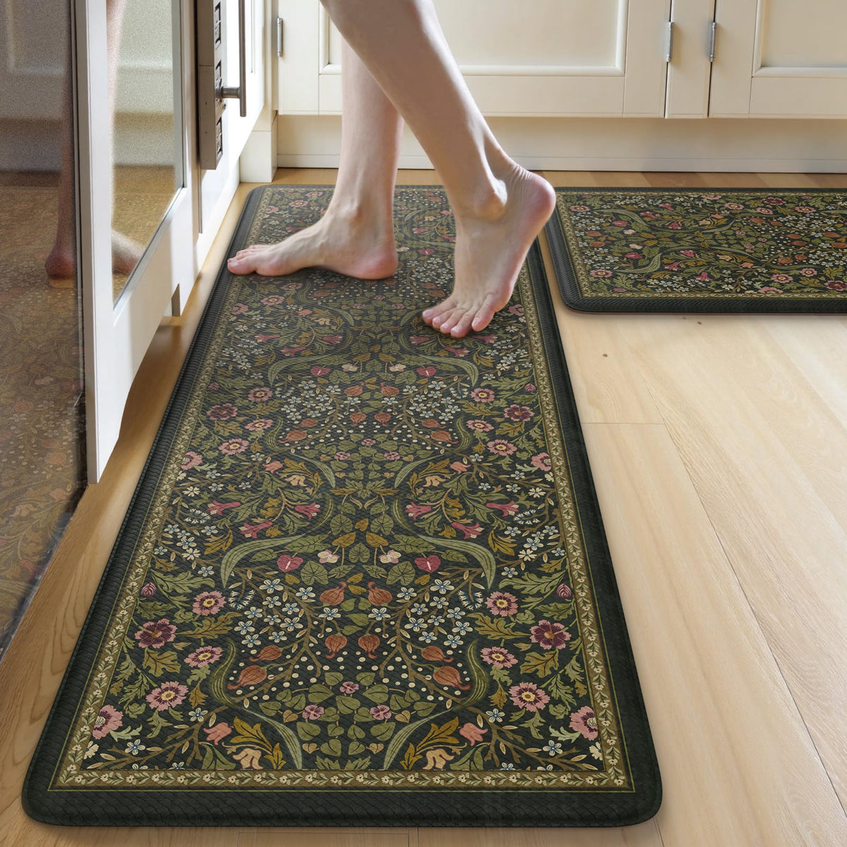 Collive anti-fatigue kitchen mat front view shows spring floral pattern for comfortable standing