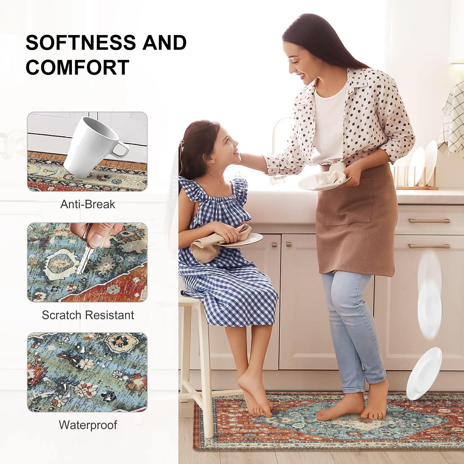 Collive Boho Kitchen Mat non-slip bottom prevents slips on any floor
