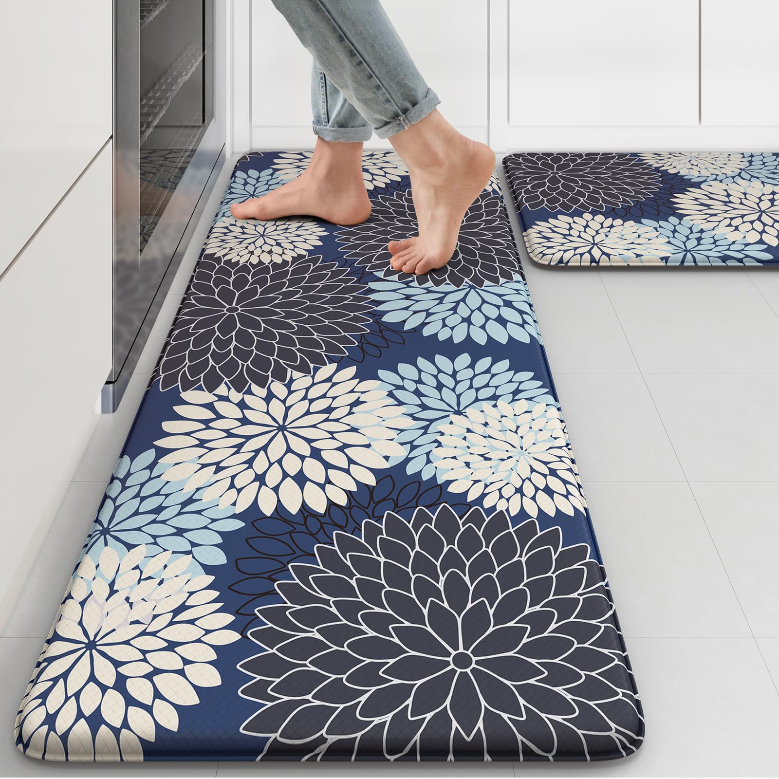 Collive Mutil-Blue boho kitchen mat with floral pattern for comfortable standing.