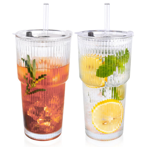 Colnic 2pc glass cups with lids and straws for versatile cold beverages.