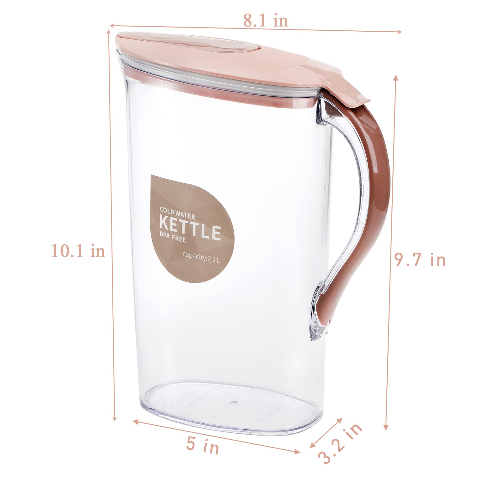 Coloch 2-quart pink pitcher, easy pour with flip top spout.