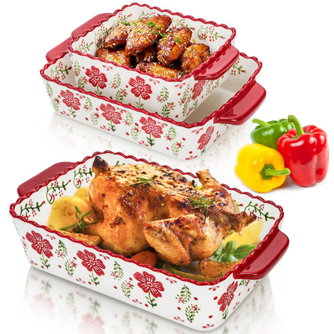 Coloch 3-pack ceramic baking dishes in oven view for roasting and bake-ready results.