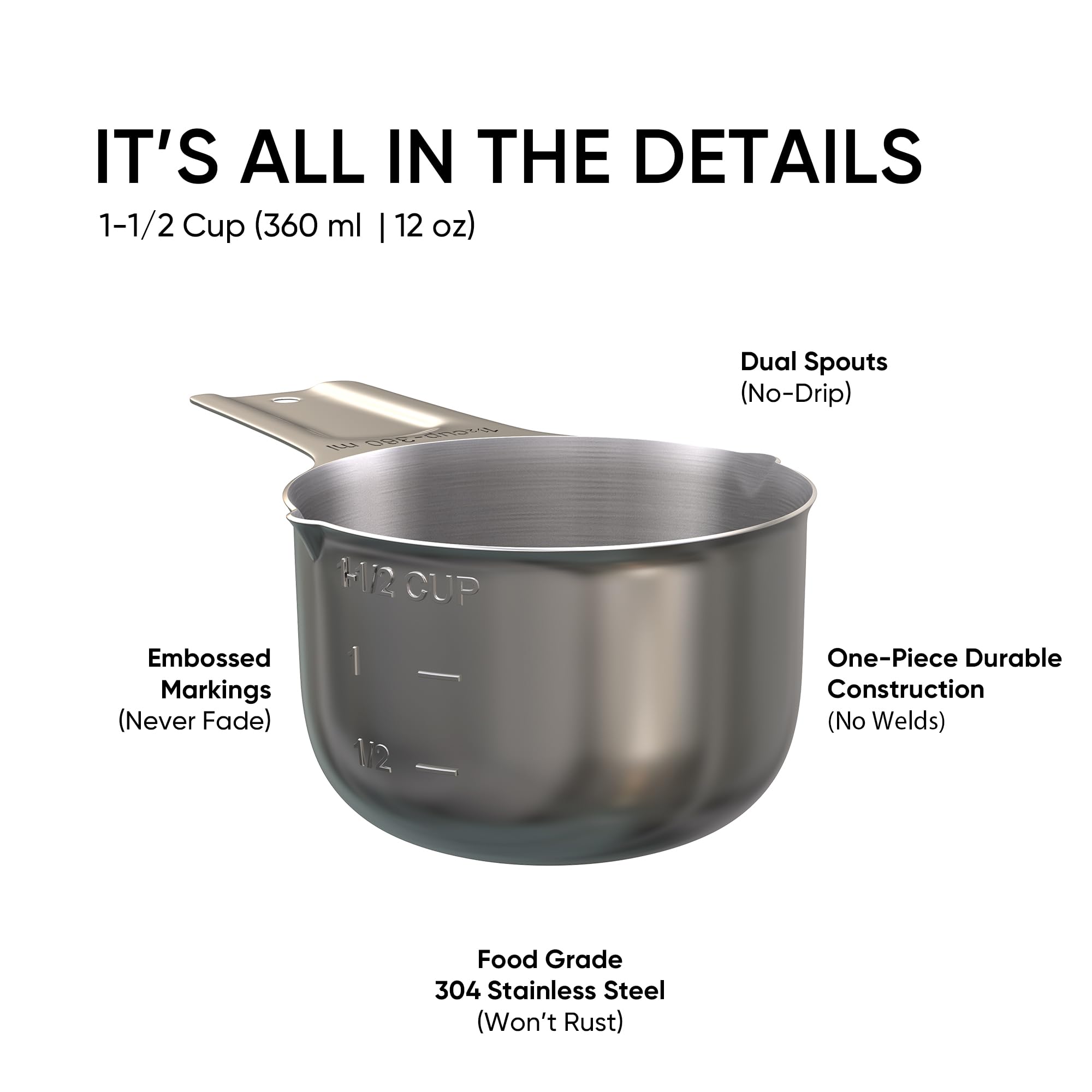 Color Up stainless steel measuring cup with a flat base for stability
