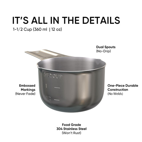 Color Up stainless steel measuring cup with a flat base for stability