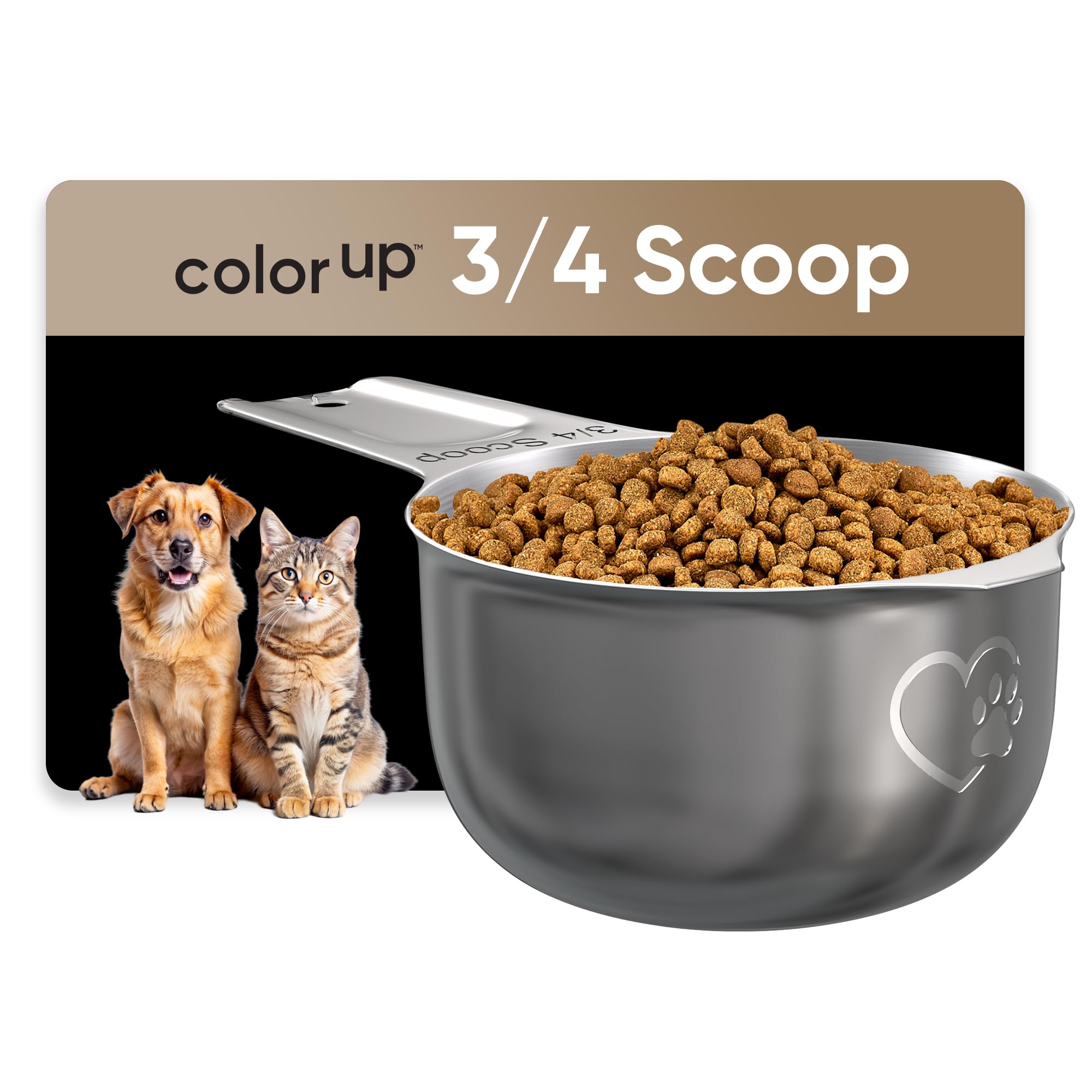 Color Up three-quarter cup pet food scoop held in hand for precise portioning.