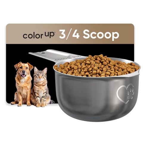 Color Up three-quarter cup pet food scoop held in hand for precise portioning.