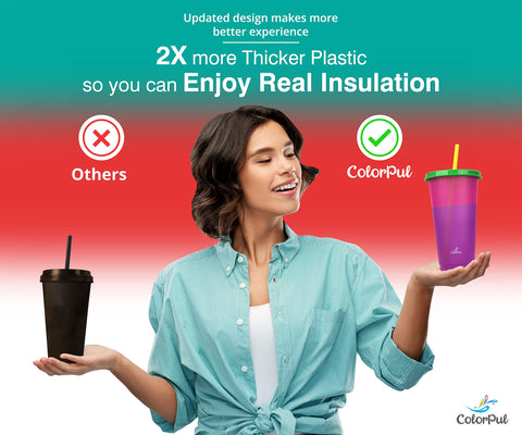 COLORPUL lids and straws securely fit color-changing cups for mess-free sipping.