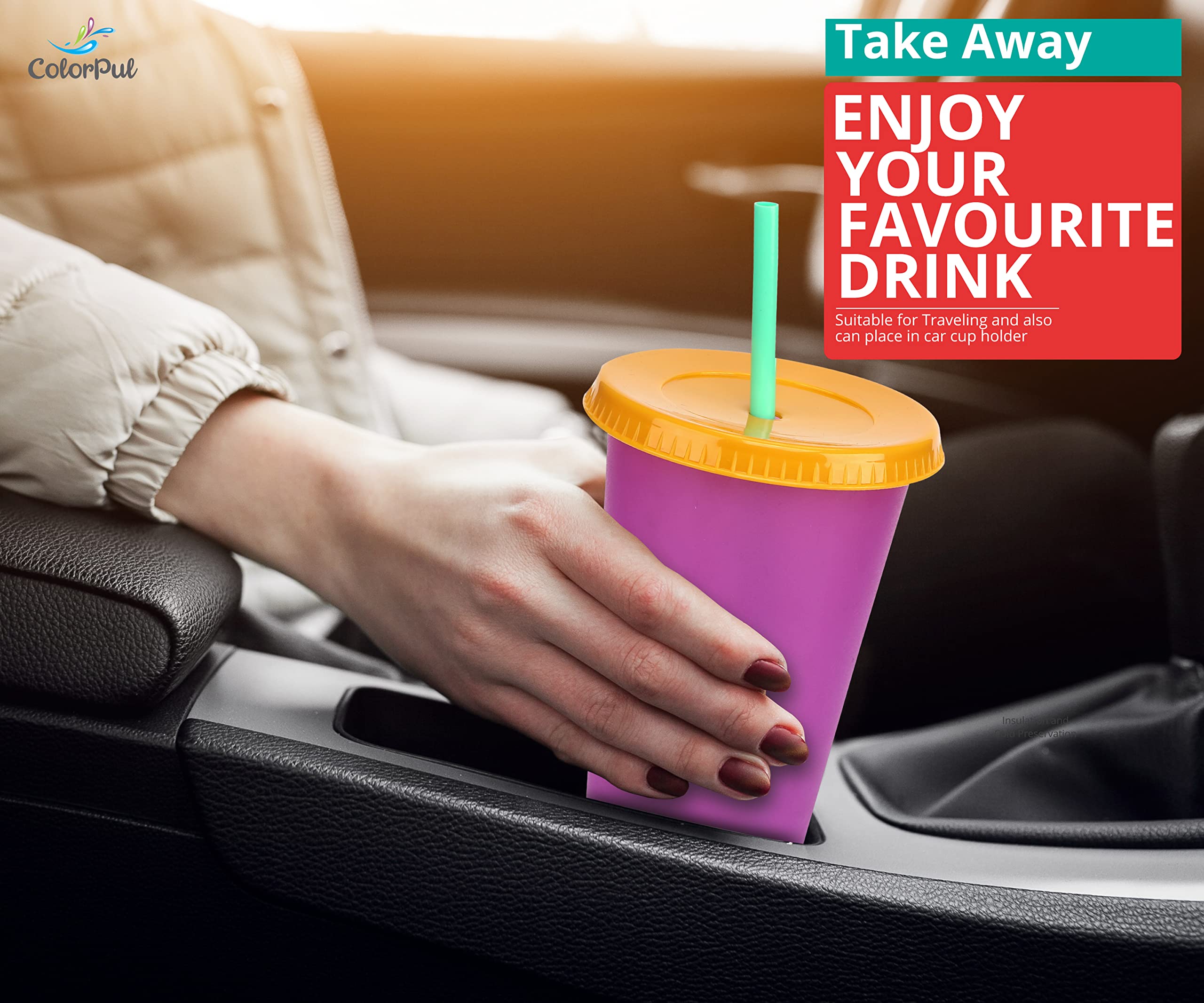 COLORPUL splash-proof lids keep drinks contained during active use.