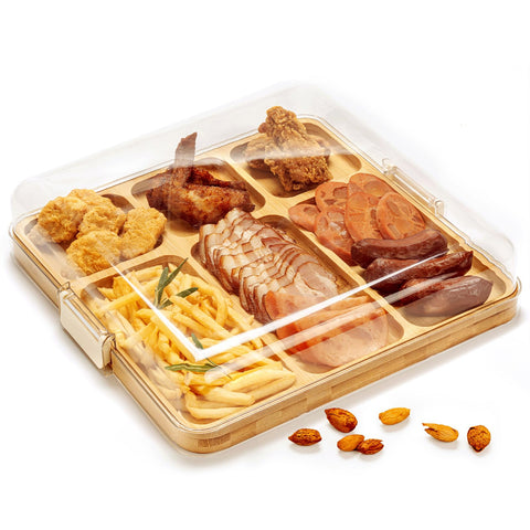 Combler charcuterie board with lid shows a secure lock for fresh-tasting platters on the go.