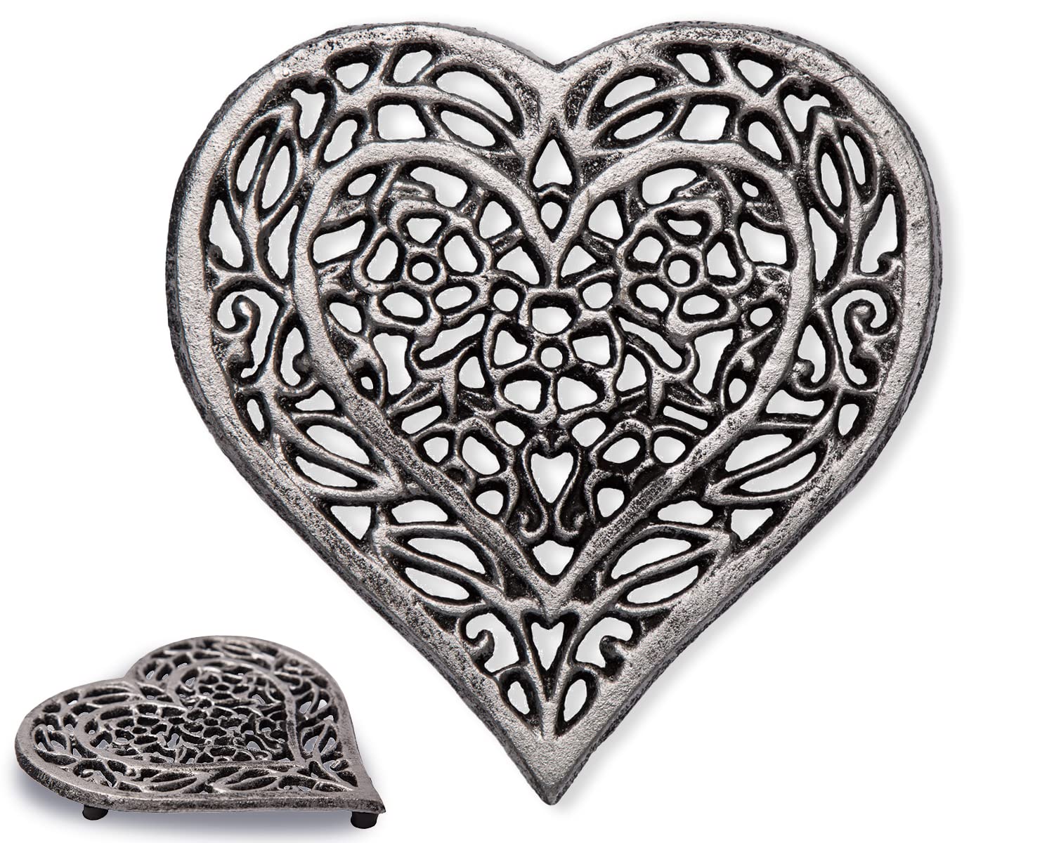 Comfify cast iron heart trivet close-up shows durable recycled-metal construction.