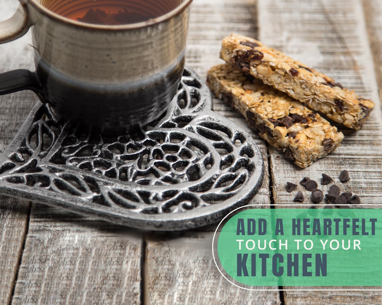 Comfify heart trivet placed on kitchen counter for everyday hot-dish protection.