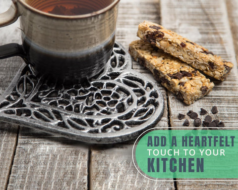 Comfify heart trivet placed on kitchen counter for everyday hot-dish protection.