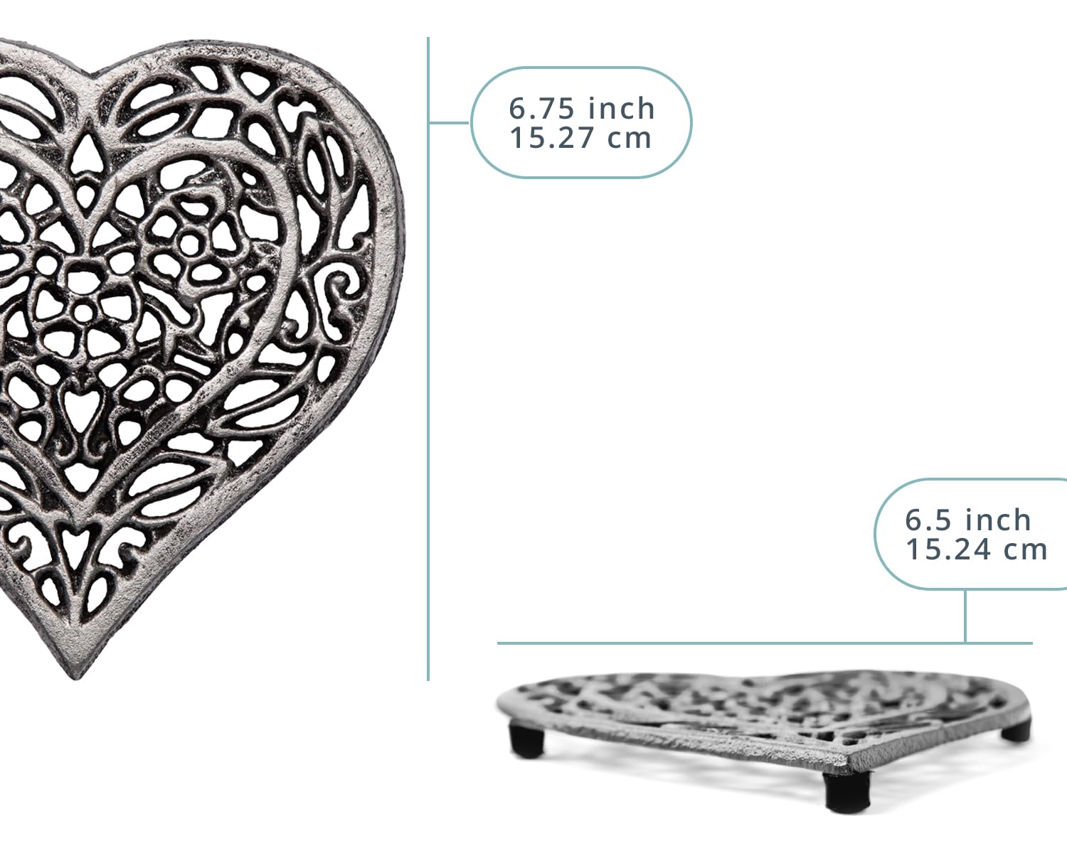 Comfify cast iron heart trivet with rubber feet protects tabletops from heat.