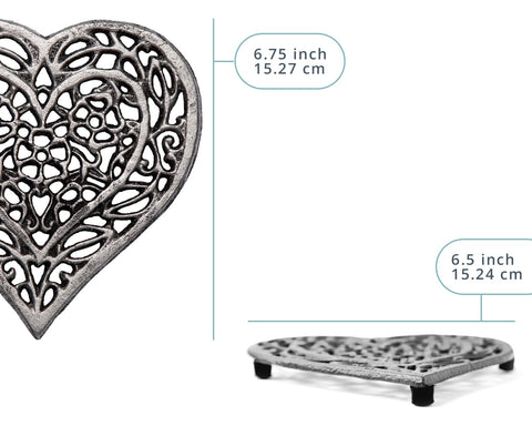 Comfify cast iron heart trivet with rubber feet protects tabletops from heat.