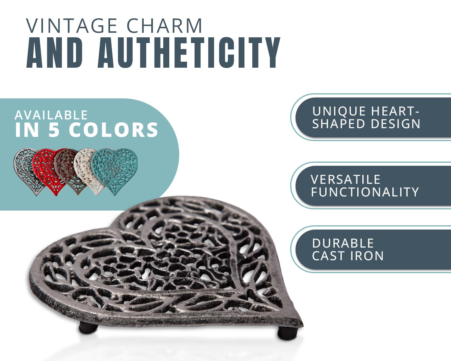Comfify heart trivet silver and black finish adds vintage charm while protecting surfaces.