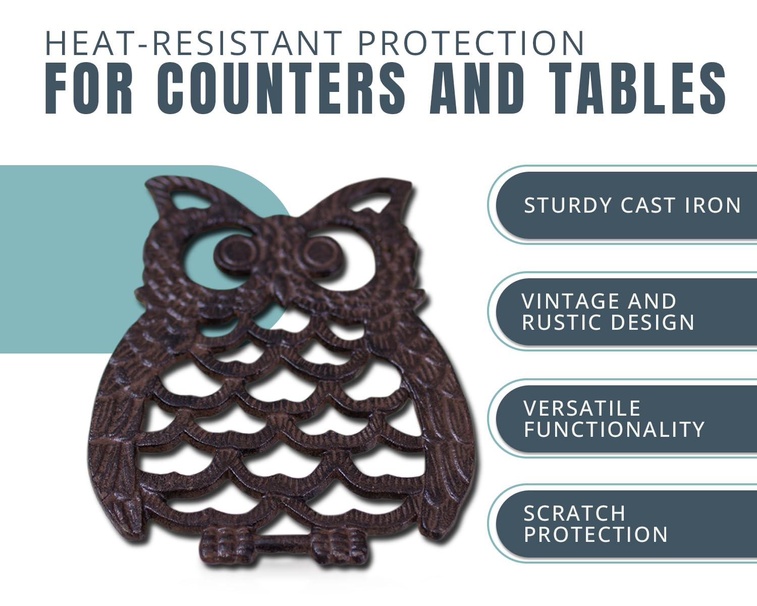 Comfify Cast Iron Owl Trivet side detail highlights durable rubber feet for scratch-free placement