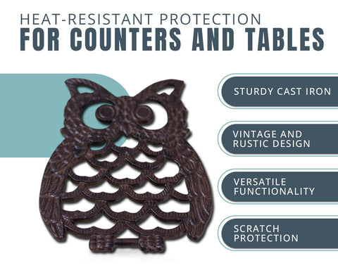 Comfify Cast Iron Owl Trivet side detail highlights durable rubber feet for scratch-free placement
