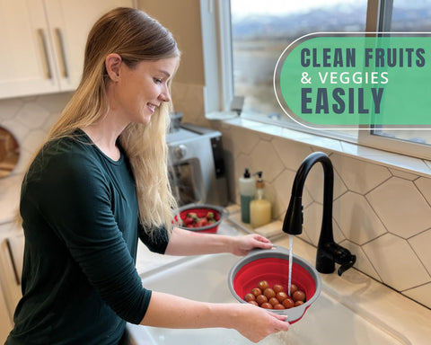 Comfify vegetable rinsing with strainer demonstrates versatile use beyond pasta preparation