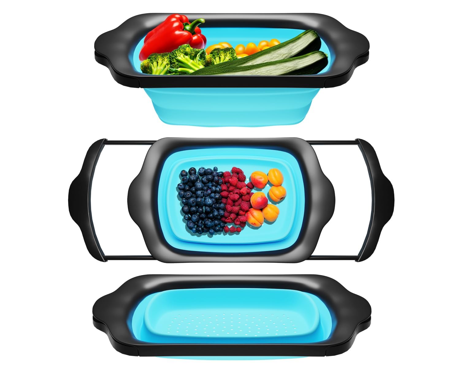 Comfify XL blue over-sink strainer with extended handles for easy pasta draining