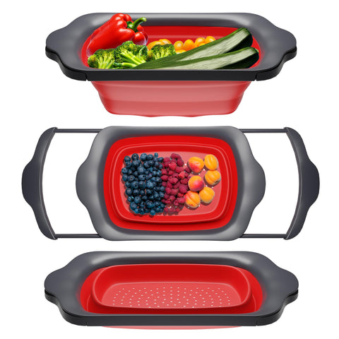 Comfify XL large kitchen strainer in over-the-sink setup for effortless rinsing.