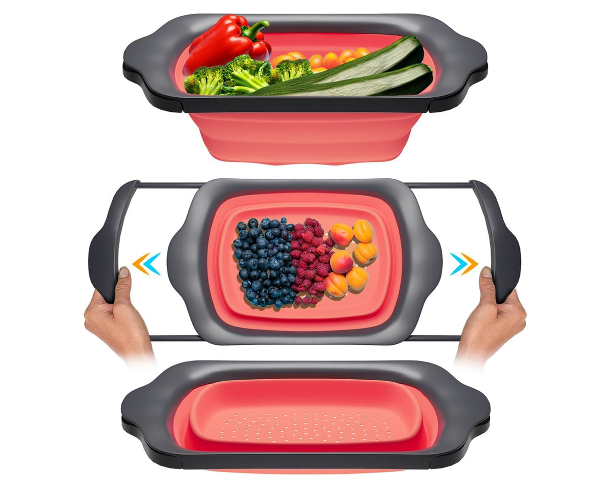Comfify XL strainer folded for compact storage in coral