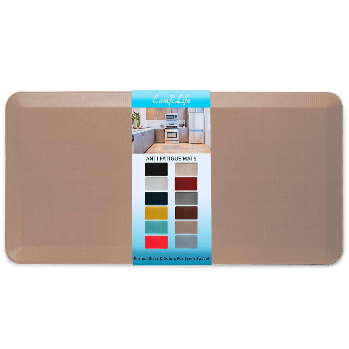 ComfiLife anti-fatigue floor mat beige top view for comfortable standing in the kitchen