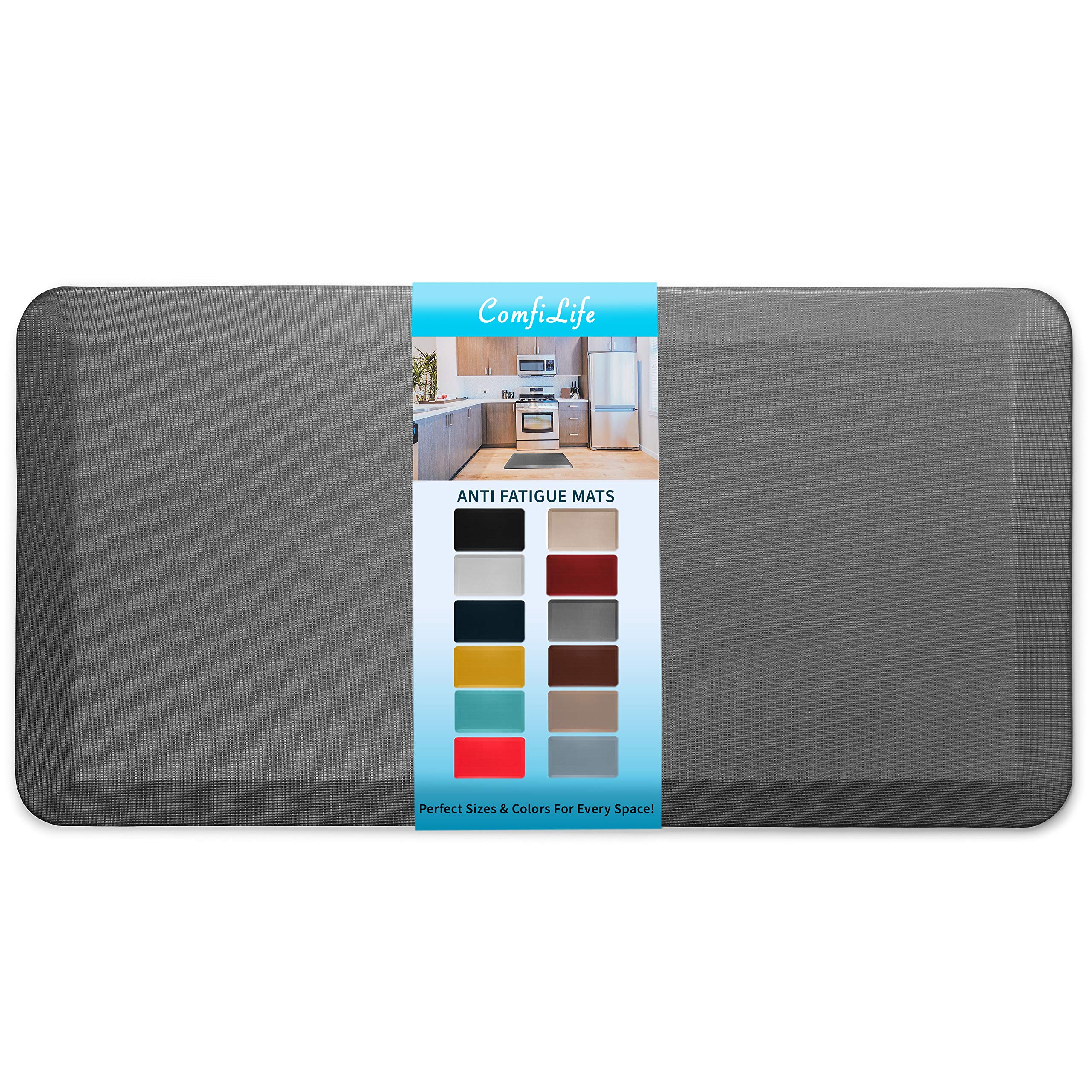ComfiLife anti-fatigue mat 20x39 in charcoal cushions feet during kitchen tasks.