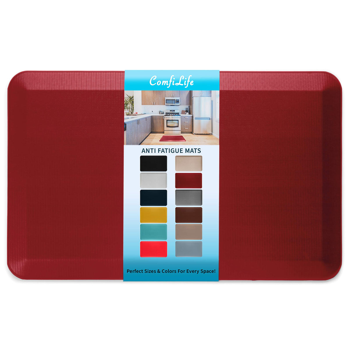 ComfiLife anti-fatigue mat in kitchen scene showing 3/4 inch foam for comfort during cooking