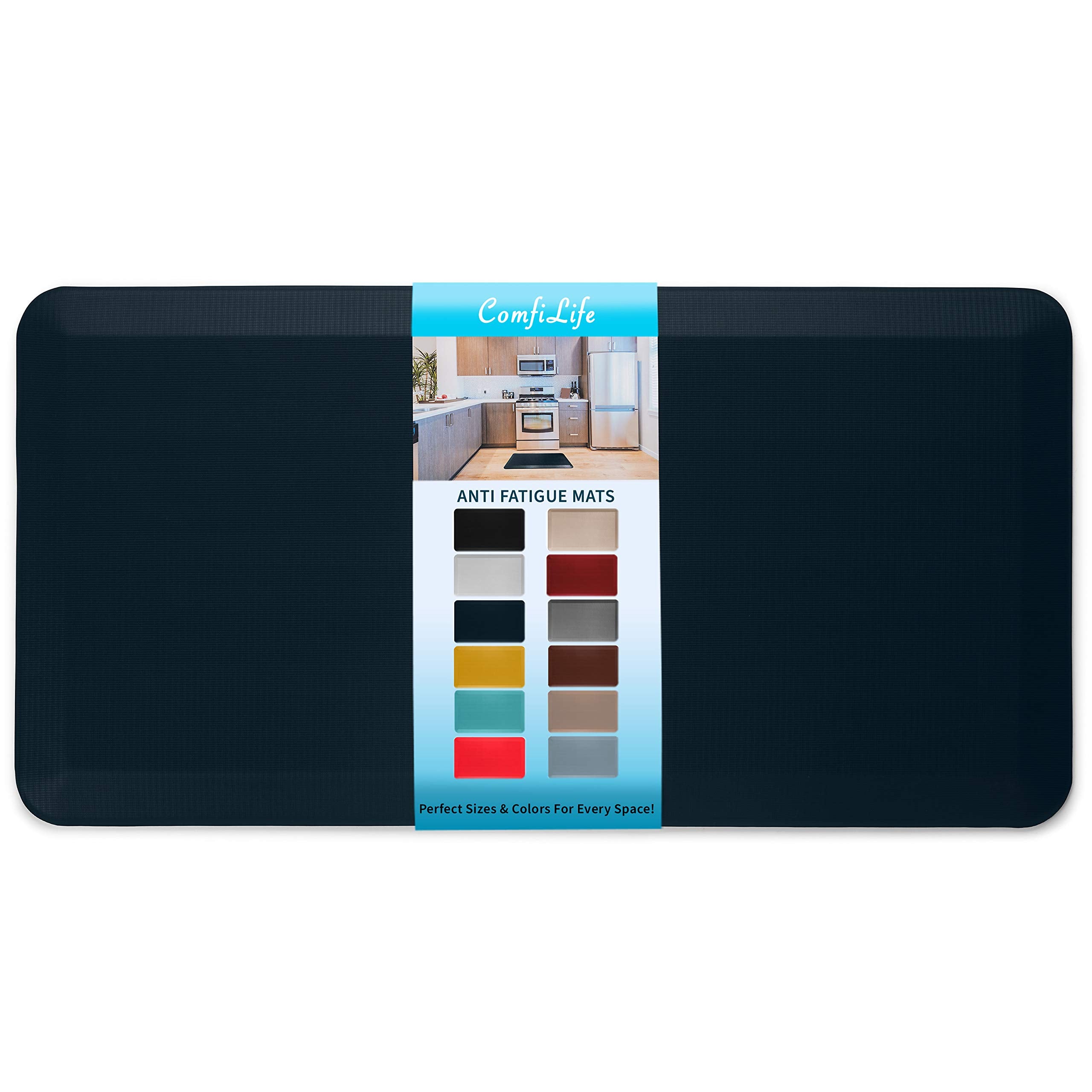 ComfiLife navy kitchen anti-fatigue mat for comfortable standing while cooking.