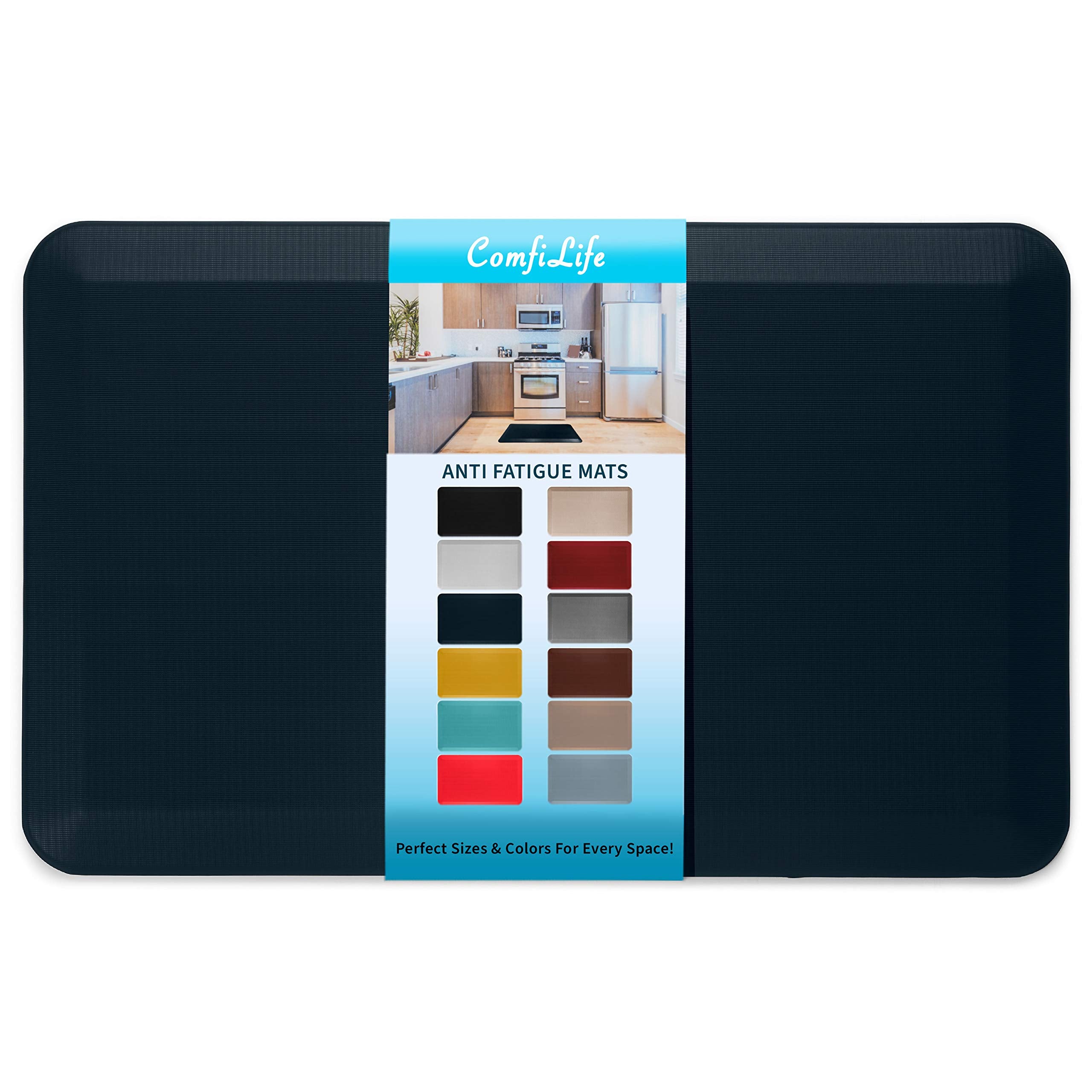 ComfiLife anti fatigue mat overview in navy, offering cushioned support for kitchen tasks.