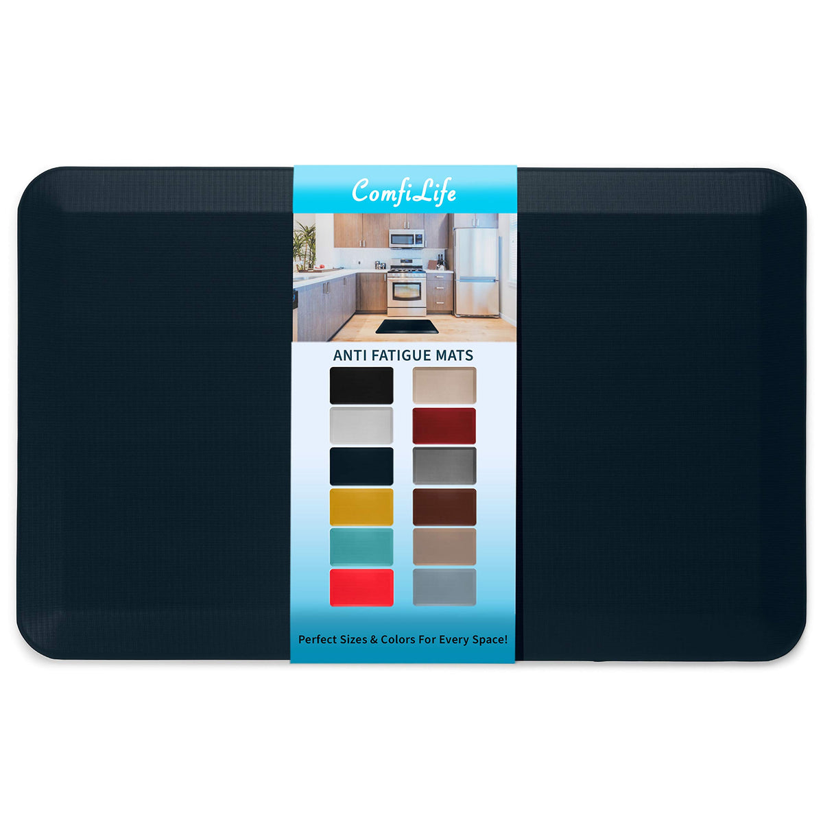 ComfiLife anti fatigue mat overview in navy, offering cushioned support for kitchen tasks.