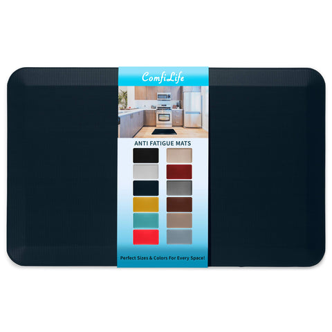 ComfiLife anti fatigue mat overview in navy, offering cushioned support for kitchen tasks.