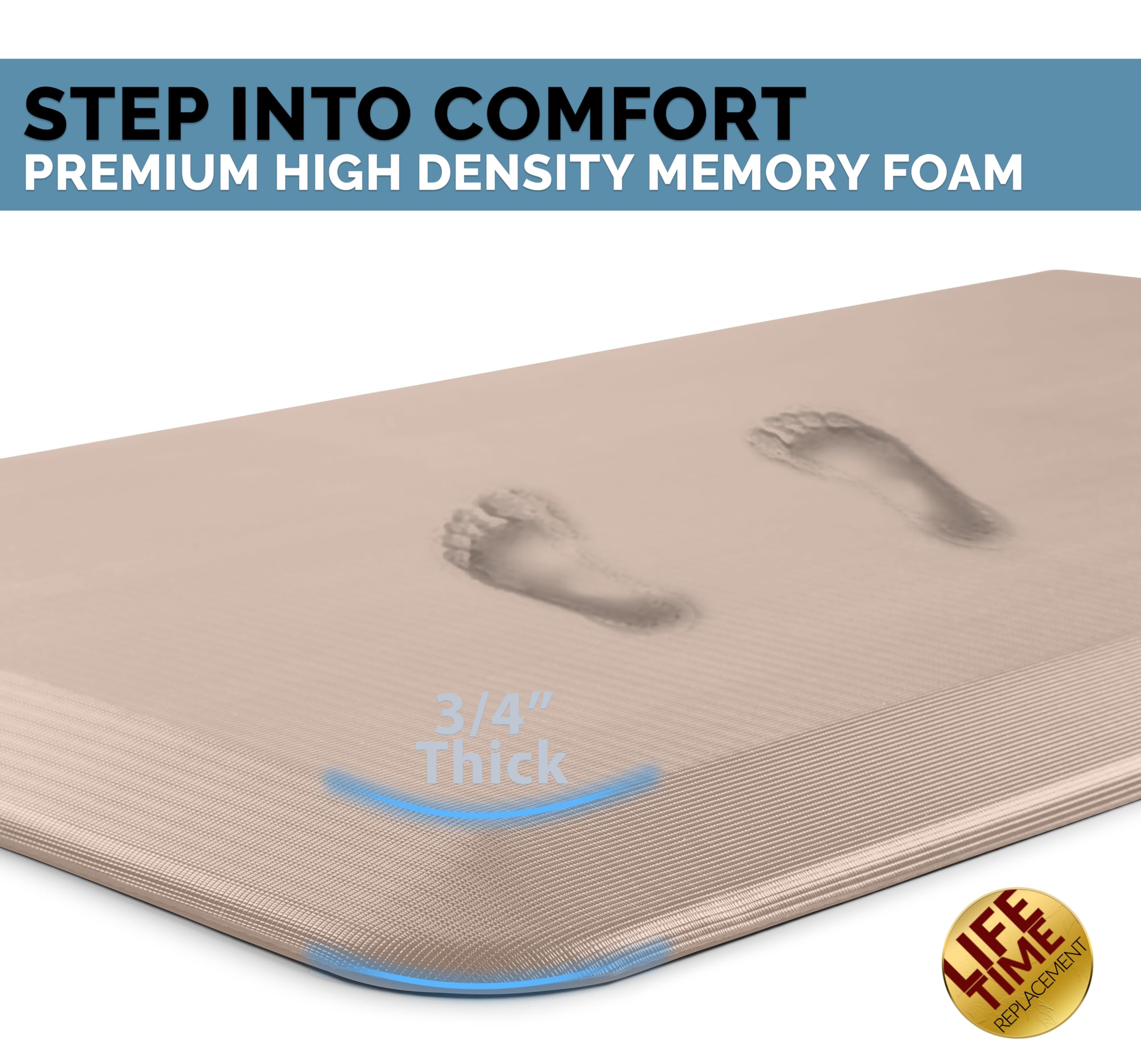 ComfiLife rose gold anti-fatigue mat used in kitchen for meal prep.