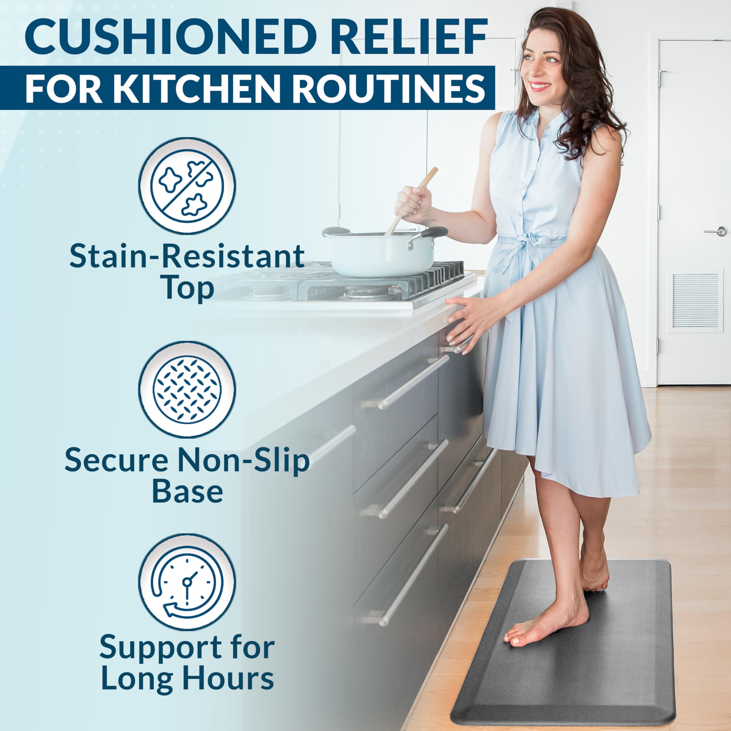 ComfiLife cushioned kitchen mat provides support for feet and joints during tasks.