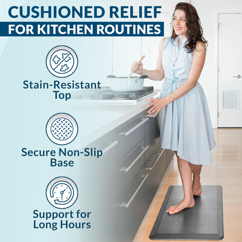 ComfiLife cushioned kitchen mat provides support for feet and joints during tasks.