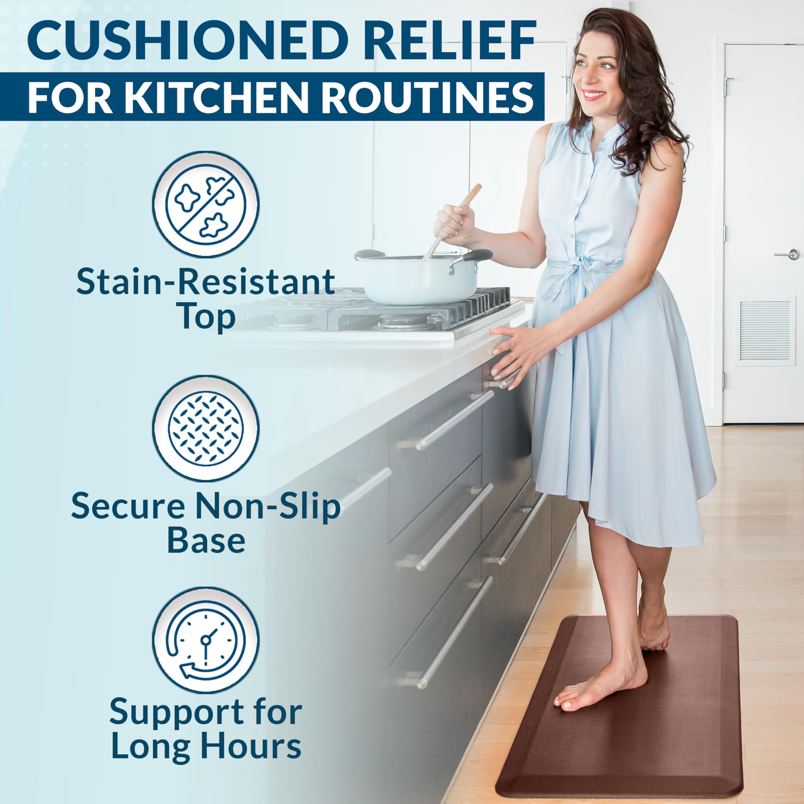 Stain-resistant surface of ComfiLife mat stays clean in busy spaces