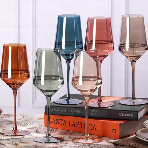 Comfit colored wine glasses set in six hues for easy guest identification.