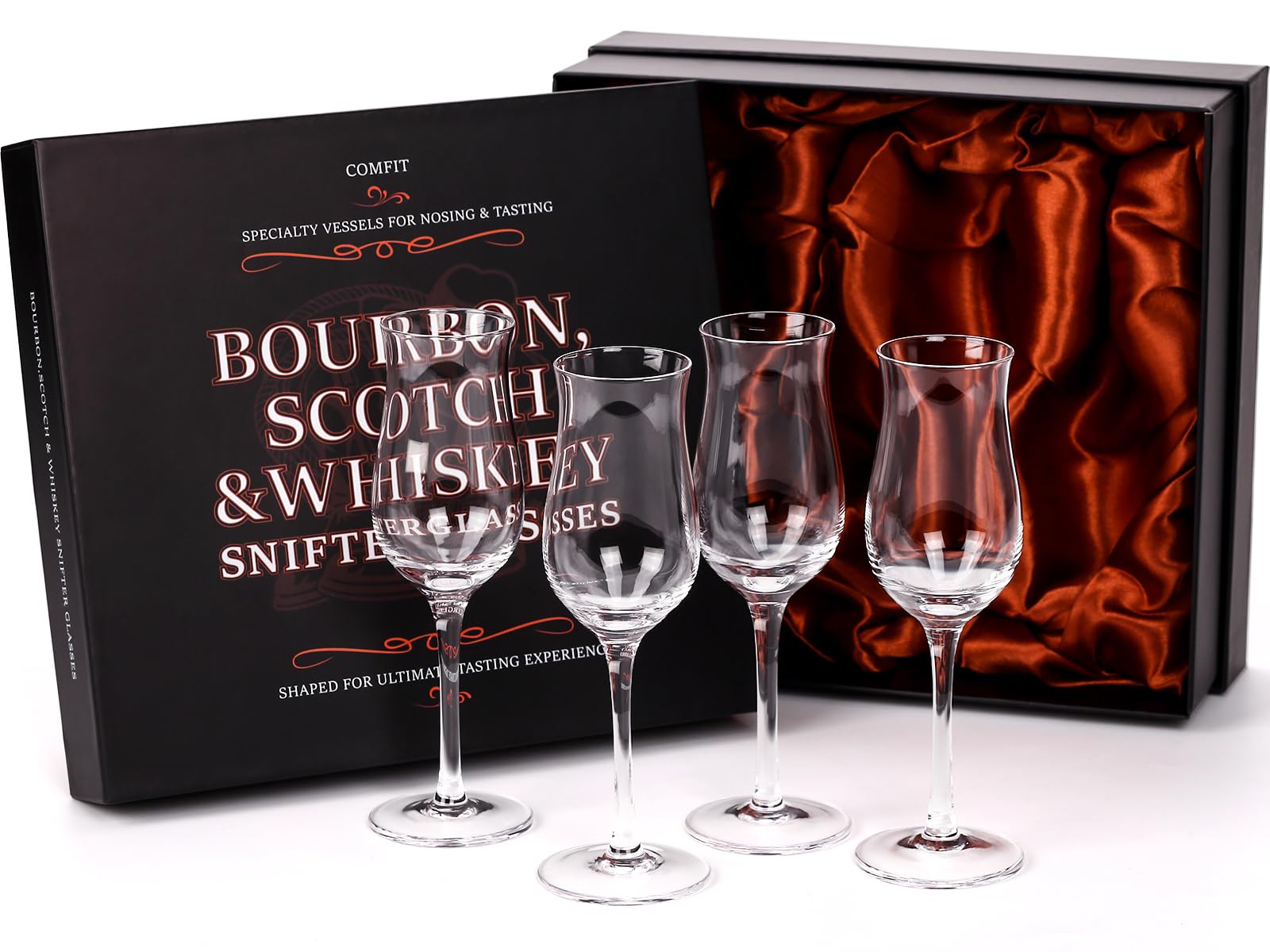 Comfit snifter glasses with a tulip bowl enhance aroma for richer sipping.
