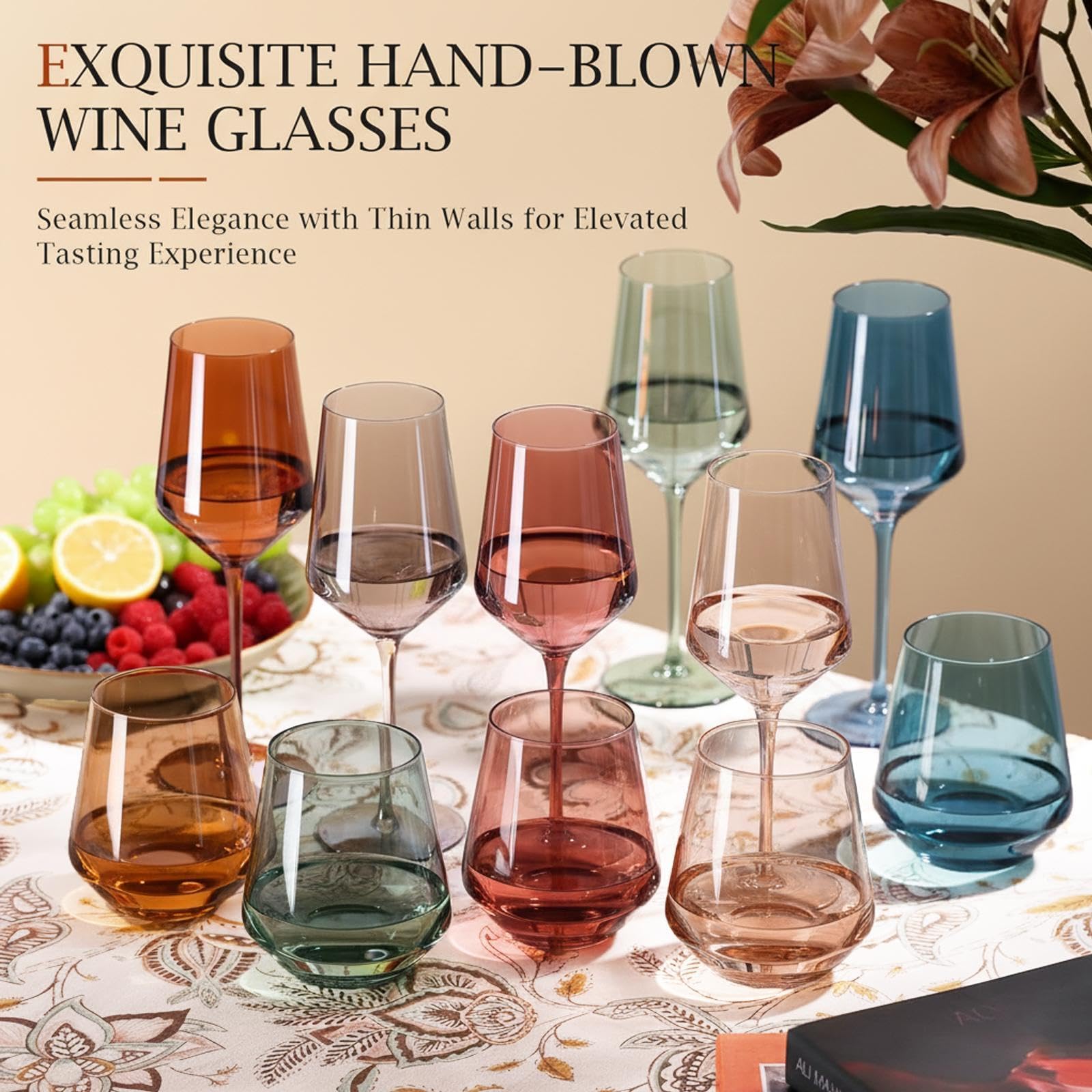 Comfit vibrant tabletop wine glasses brighten any dinner setting.