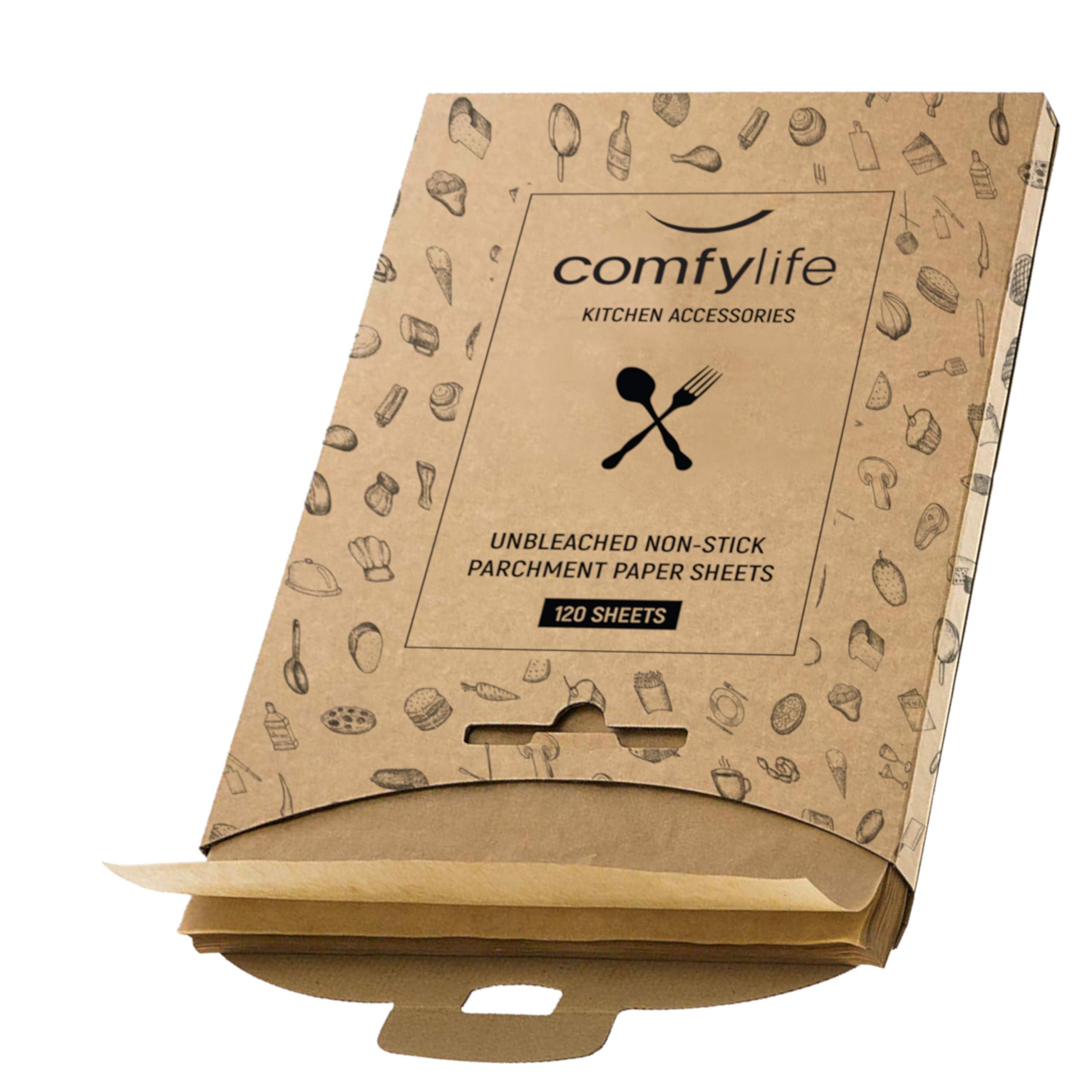 Comfylife parchment sheets with no curl on a pan for easy release.