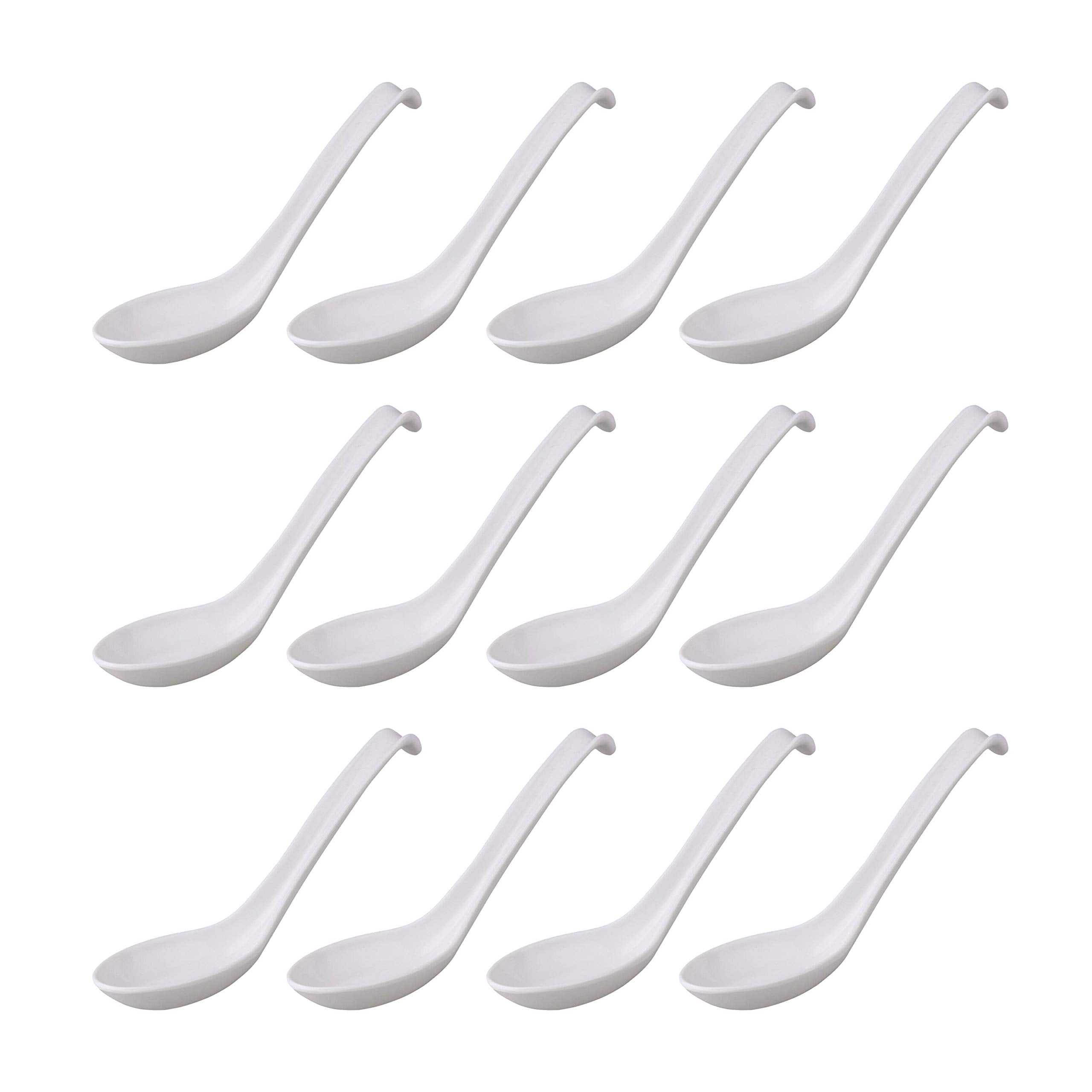 Comicfs 12pc Asian soup spoons with hook-style design for secure bowl handling.