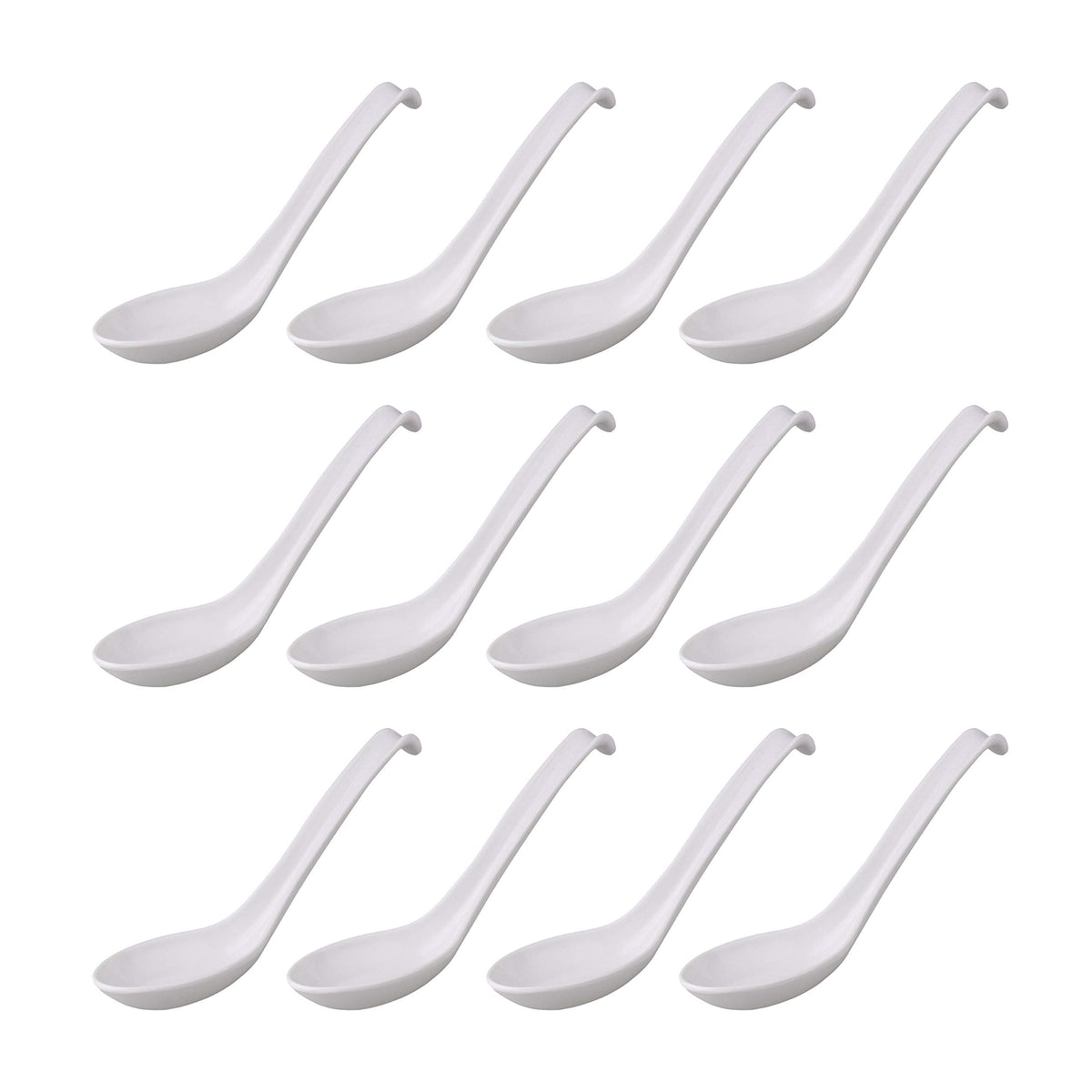 Comicfs 12pc Asian soup spoons with hook-style design for secure bowl handling.