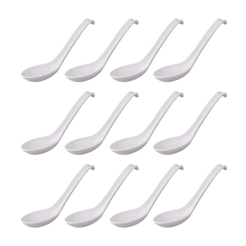 Comicfs 12pc Asian soup spoons with hook-style design for secure bowl handling.