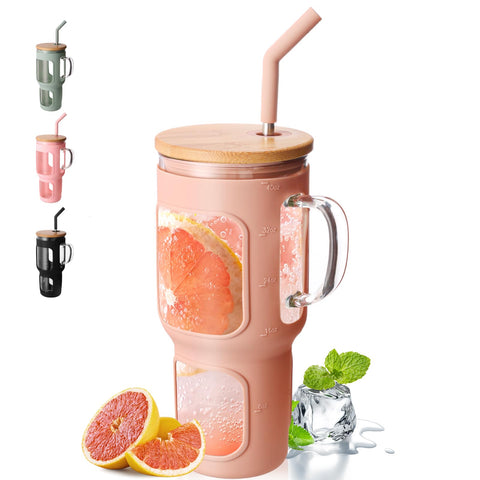 COMOOO 40oz glass tumbler with handle in amber for easy grip and everyday hydration.