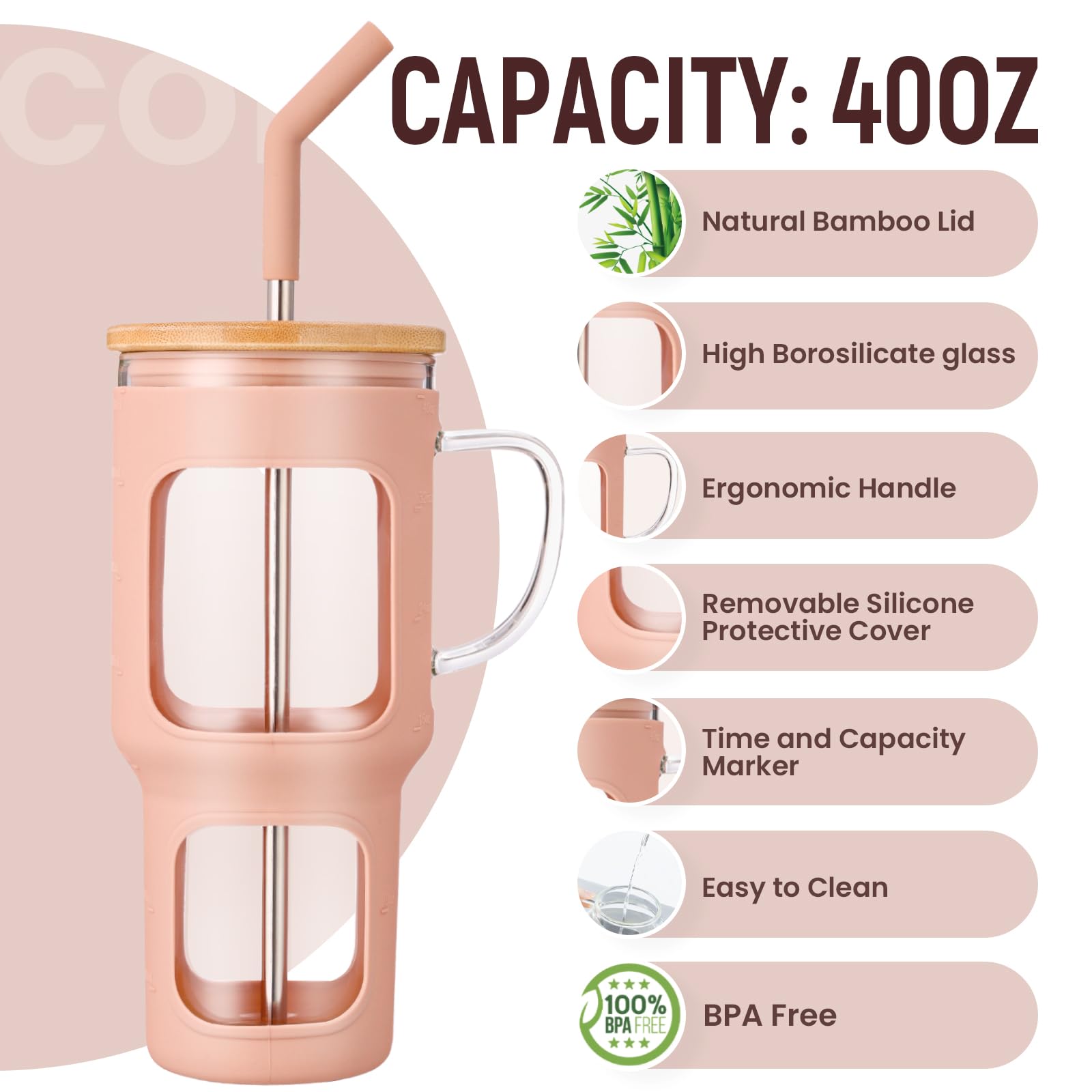COMOOO bamboo lid on amber tumbler emphasizes secure seal and stylish presentation.