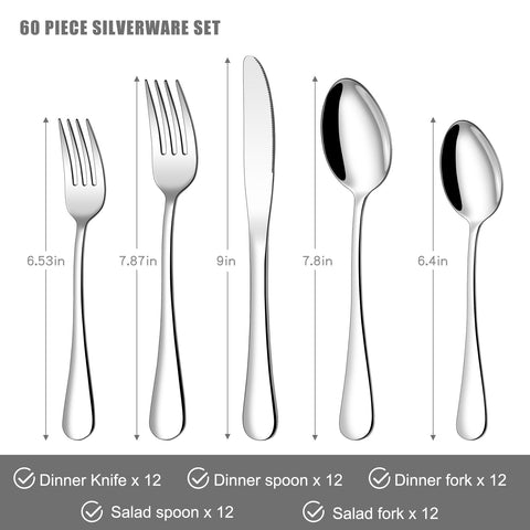 Compralo 60-piece silverware set includes dinner knives for daily meals and special occasions.