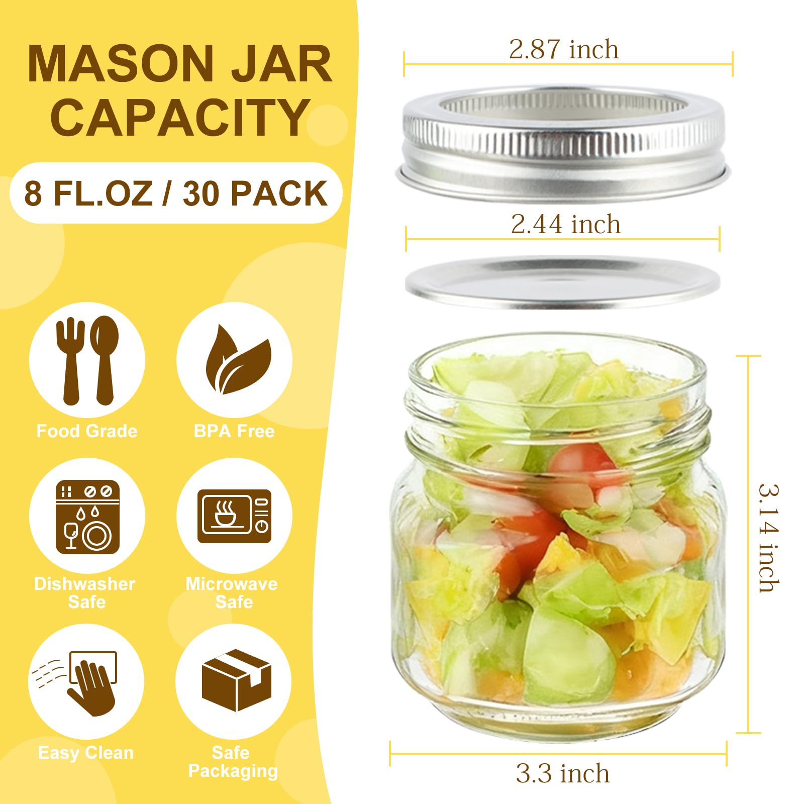 Comrzor 30-pack mason jar set with lids and bands keeps contents fresh and sealed.