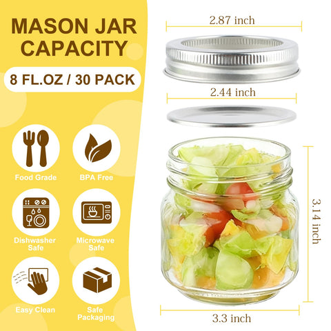 Comrzor 30-pack mason jar set with lids and bands keeps contents fresh and sealed.