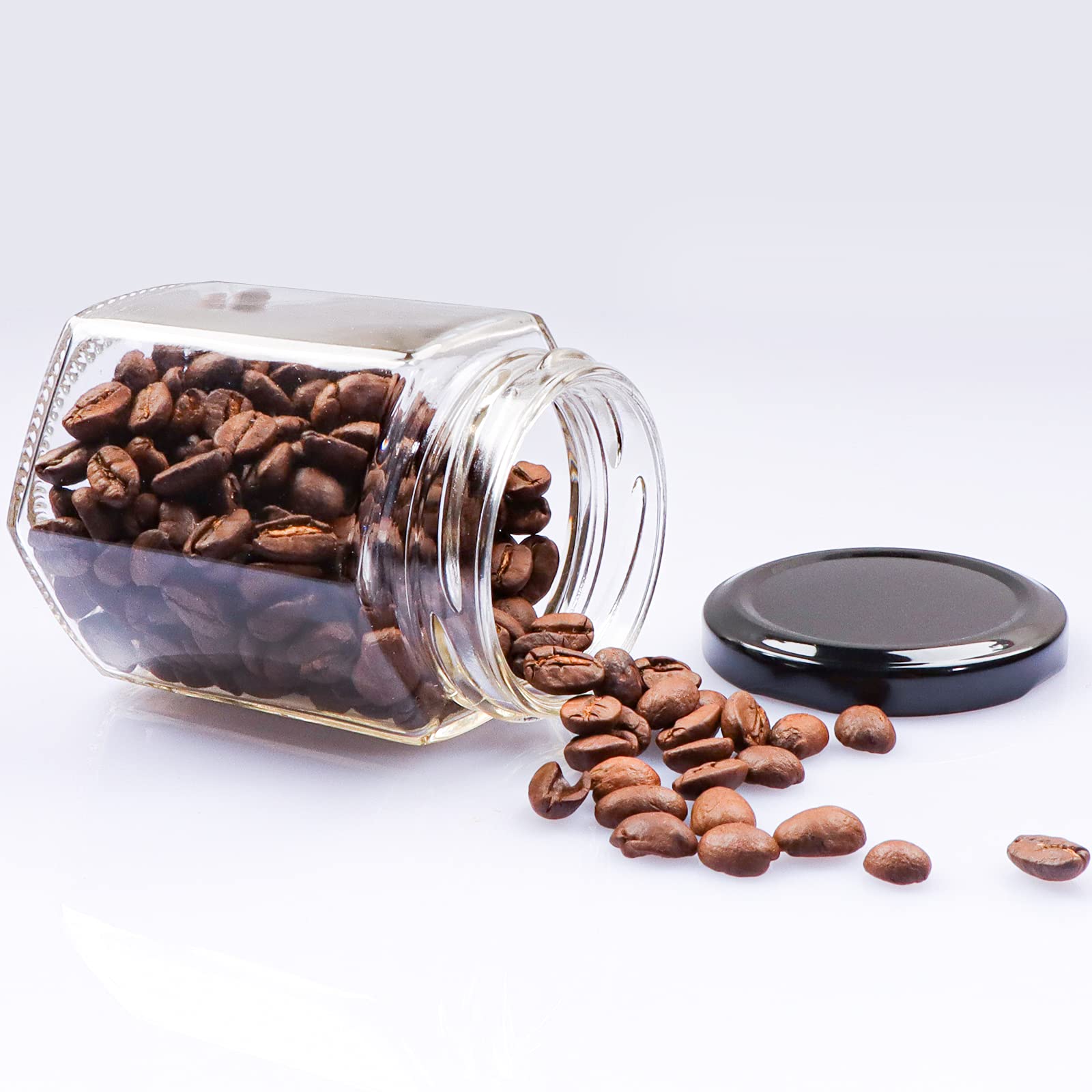 Comrzor hexagon jar with black lid provides airtight seal.