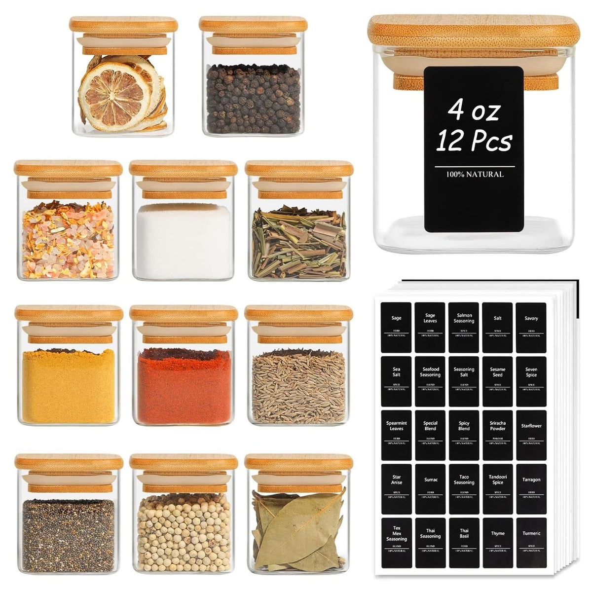 ComSaf 12Pcs glass spice jars with bamboo lids on a tidy counter for quick seasoning.